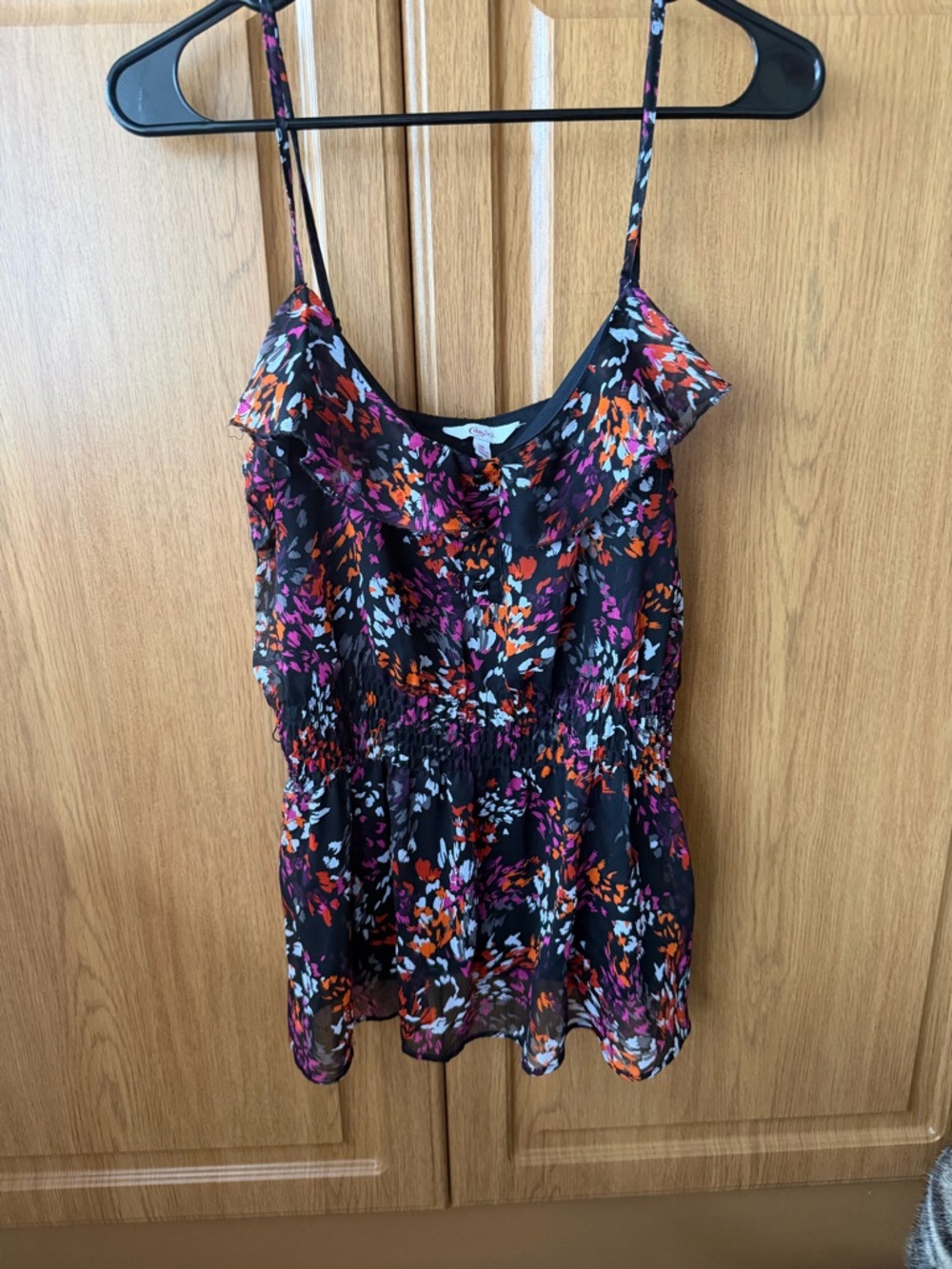 Printed Spaghetti Strap Ruffled Cami Top - Black with Pink & Orange Floral